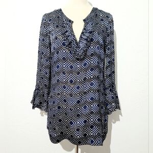 Tory Burch Women's Navy Blue Geometric Print Silk Blend Ruffle Tunic Top Size 8
